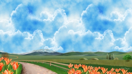 Long Winding Road - farm, sky, fence, hills, tulips, field, mountains, path, road, spring, country, clouds, driveway, flowers