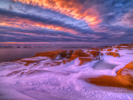 Winter by the sea - sky, ocean, beach, winter, colorful, shore, nature, snow, clouds, sea