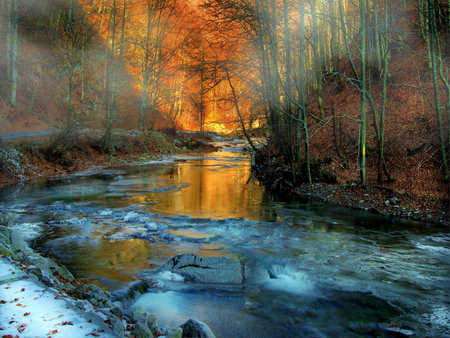 Winter morning - trees, winter, water, water stream, snow, stream, morning, forest, reflection, river, ice, frozen, nature, frost