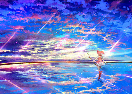 Kaname Madoka - clouds, madoka, mahou shoujo, madoka magica, weapon, pink hair, sky