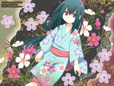 little girl with the flowers - anime girl, black hair, purple, pretty, pink, blue, beautiful, anime, flowers, kimono, cute