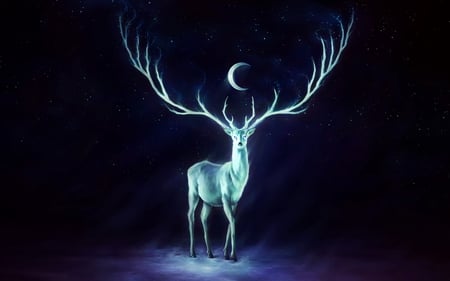 under the moon - moon, cg, animal, deer, evening, night, sky