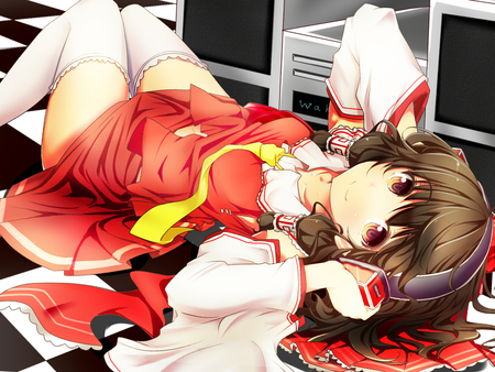 touhou - sleep, red, dress, long hair, brwon eyes