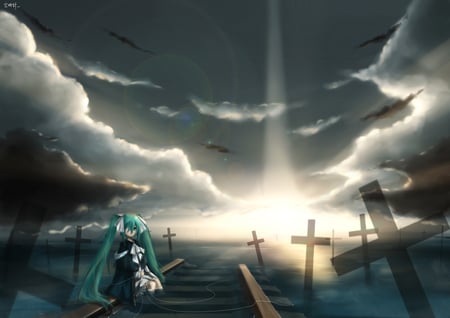 Miku - hatsune miku, sky, vocaloid, long hair, dress