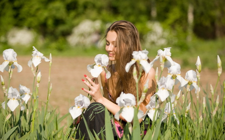 Loveliness.. - smiling, white, flowers, lovely, smile, smelling, girl