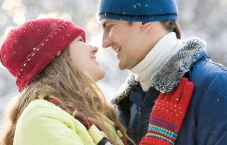 Lovers - winter, men, together, love, happy, smile, season, woman, couple, lovers