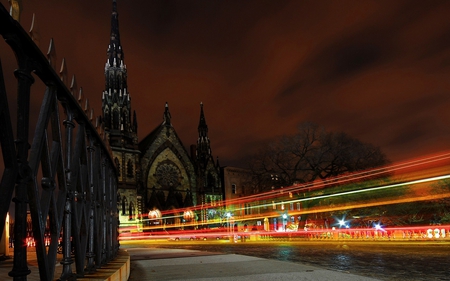 City Cathedral - cathedral, colorful, traffic lights, movement, traffic, city, city lights, architecture