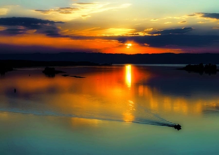 Summer Evening - sky, lake, beautiful, sun, sunset, colors, lovely