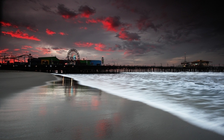 Santa Monica Pier - amusement, ferris wheel, ocean, beach, california, waves, pier, santa monica pier, attraction, santa monica