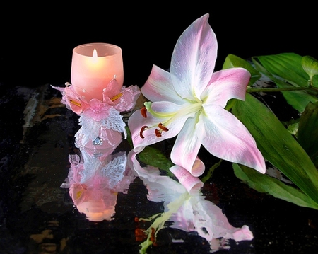 We always hope ! - love, lilies, beauty, candles, still life, nature, goodness, pink, petals, hope, flowers, happiness