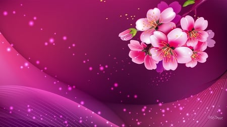 Apple Blossoms - swirls, stars, summer warm, spring, bright, sakura, pink, flowers, cherry blossoms, sparkles, apple blossoms