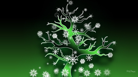 Tree of Life - bright, abstract, winter, green, tree, snowflakes, shine, fantasy