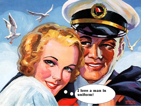 The Uniform Gets The Girl - woman, seagulls, retro, man