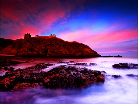 Castle on the rocks - calm, lonely, sundown, blue, purple, sky, castle, clouds, water, beautiful, sea, ocean, colorful, nature, sunset, peaceful, rocks