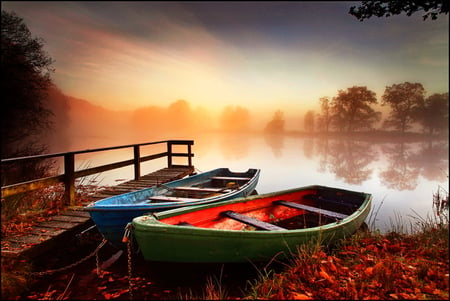 Boats at misty sunrise background - clouds, trees, sundown, beach, sunrise, morning, boats, misty, river, sunset, nature, background, sky