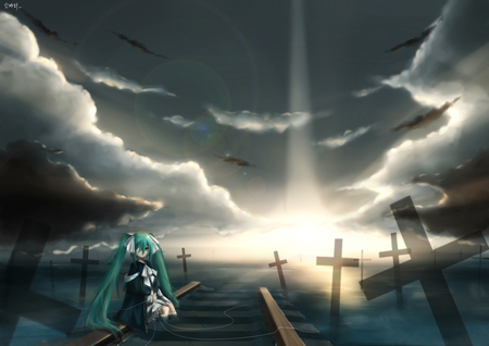 Hatsune Miku - pretty, artistic, twin tail, harbor, light, stunning, nice, sunlight, program, sunshine, beauty, virtual, cg, white, graveyard, gray, cute, aqua eyes, cross, song, vocaloid, anime, blue, amazing, twintail, dress, hatsune miku, music, aqua, art, sky, sun, idol, clouds, anime girl, beautiful, sea, singer, girl, cool, ocean, black, glow, miku, awesome, diva, digital, aqua hair, hatsune, vocaloids, grave