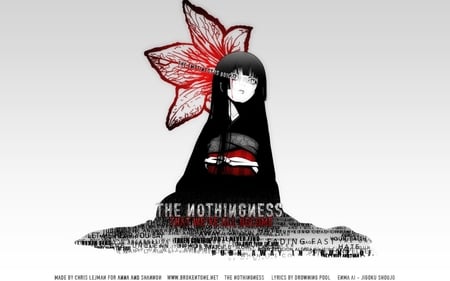 Hell Girl - white background, red, red flower, words, black, ai enma