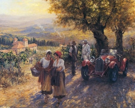 Alan Fearnley art - art, countryside, alan fearnley, car, people, tree, painting, woman, man