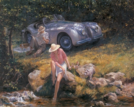 Alan Fearnley art - art, alan fearnley, car, river, tree, nature, painting, woman, man