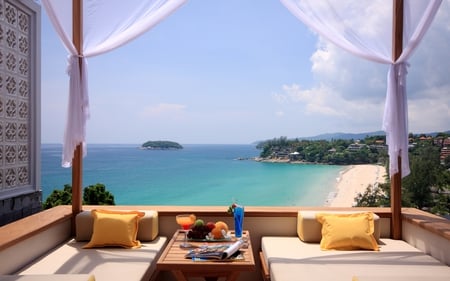 Beautiful View - ocean, drink, sky, cushion, peaceful, tropical, beautiful view, vacation, relaxing, view, maldive, balcony, window, beautiful, island, table