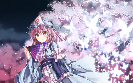 Yuyuko Saigyouji - yuyuko saigyouji, girl, ghost, petals, anime, leaves, kimono, tree, short hair