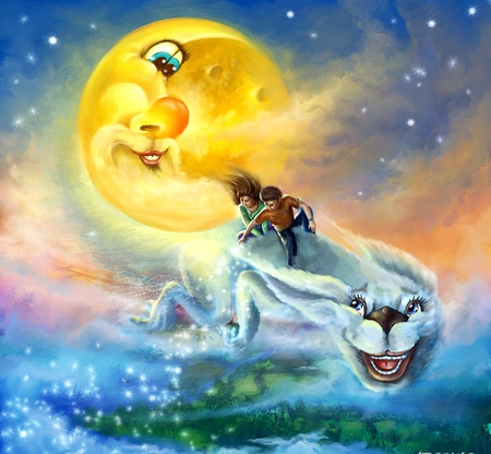 FANTASY MOON - moon, stars, sky, animal, fantasy