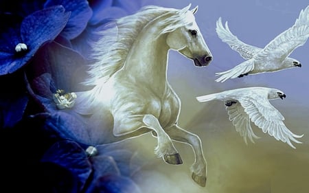 Lead me the way friends - flowers, fantasy, birds, horse, sky