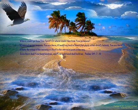 Always There - palm, water, beach, scripture, sand, eagle, island, scenic, trees, verse, waves, christian