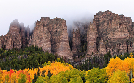 Peaks in the clouds - clouds, colour, nature, autumn, forest, peaks, mountain, sky