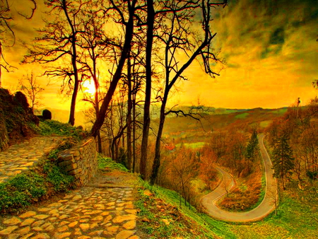 The start of a new day - sky, sunshine, sun, field, sunset, path, road, yellow, clouds, golden, tree, sunlight, bright, nature, new day, stones, sunrise