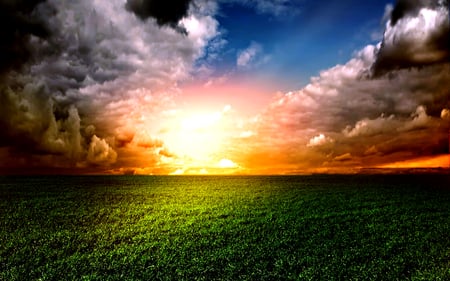 Amazing Sky - beautiful, amazing, grass, amazing sky, magic, view, light, field, nature, colorful, stormy, rays, landscape, beauty, sun, peaceful, sky, sunrays, storm, sunlight, clouds, lovely, splendor, colors, green