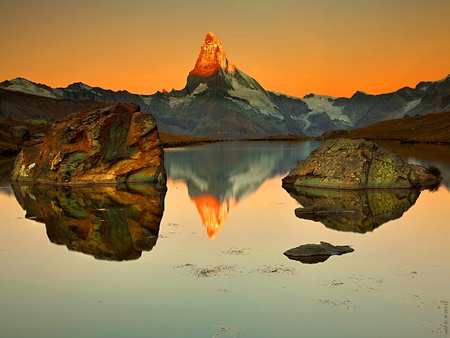 Peak - clouds, water, beautiful, mirrored, reflection, orange, mountain, nature, bright, peak, lake, sky