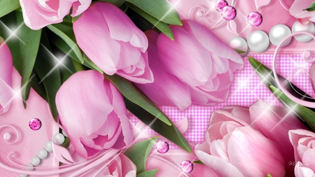 Tulips and Gingham - pearls, gingham checks, pink tulips, jewels, flowers, spring, sparkle