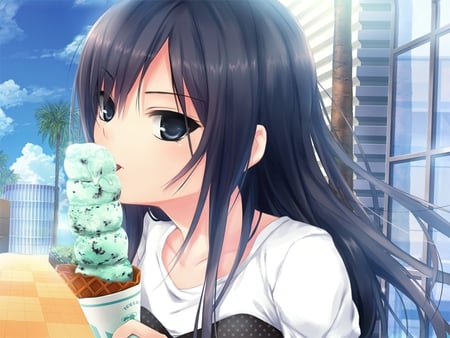 Shinozaki Sumire - anime, shinozaki sumire, chocolate, long hair, sweet, ice cream, mint, cone, sugar