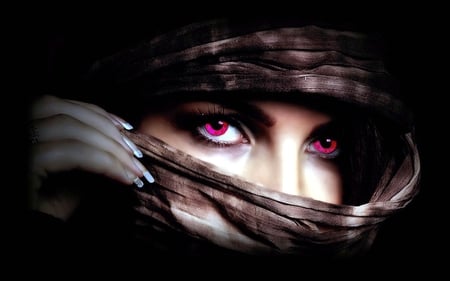 Pink Eyes - pink eyes, covered, female, hand, nails, make up, model, face