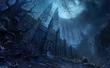 Creey Night - blue, war, night, dark, battle, horror, hd, halloween, adventure, creey, sky, castle, creepy, moon, bat, creep, palace, digital art, digital painting, cg, fantasy