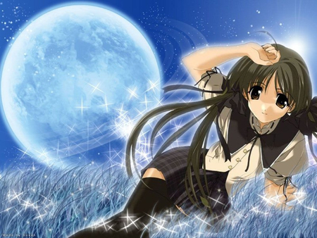 Anime Girl - fantasy, moon, anime, hair, girl