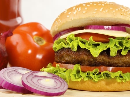 Food - eat, food, tomato, lettuce, hamburguer, onion