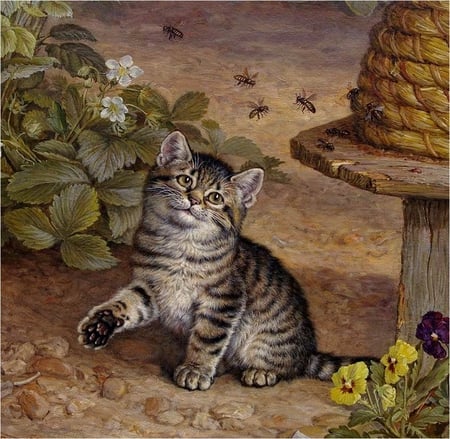 By Frank Paton. The Folly of Innocence (DETAIL) - frank paton, bee, kitten, painting, tender, flower, art, cat