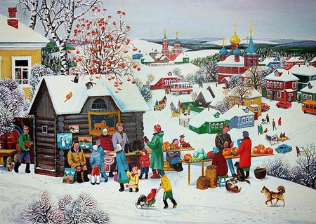 By Dean Eltseva. Market - painting, art, people, market, winter, dean eltseva