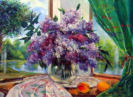 Mikhail Bychkov. Lilacs in the window - painting, art, mikhail bychkov, flower