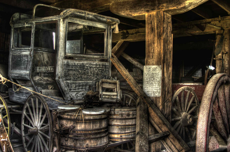 Family Stagecoach - carriage, barrels, farmstead, wagon, transportaion, wagon wheels, old, barn, stagecoach, shed, farm, antique