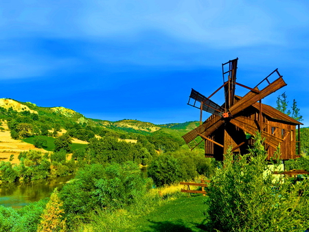 Summer view - sky, mountain, summer, mill, nature, view, beautiful, clouds, green, grass