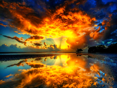 Let there be light - sky, sundown, nature mirror, water, colorful, sunset, mirrored, fire, calm, reflection, evening, clouds, light, night, summer, beautiful, colors, sea, lights