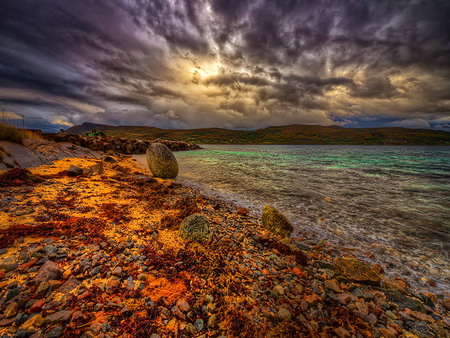 Darkness over the sea - ocean, beach, sky, sun, water, shore, darkness, storm, nature, clouds, beautiful, emerald, stones, sea