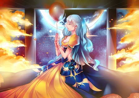 Hatsune Miku - aqua, music, anime girl, balloon, white, art, amazing, cool, aqua eyes, artistic, hatsune miku, light, song, stunning, vocaloids, program, glow, vocaloid, beautiful, diva, dress, beauty, nice, sky, twintail, singer, aqua hair, black, virtual, pretty, idol, clouds, orange, anime, miku, cute, twin tail, moon, girl, gold, cg, hatsune, awesome, digital