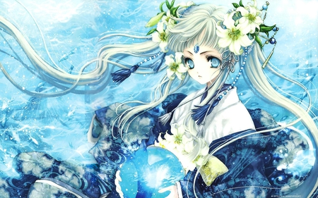 Anime - girl, female, blue, anime, long hair, kimono, flower