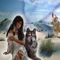Woman Sitting In Peace With Her Wolf