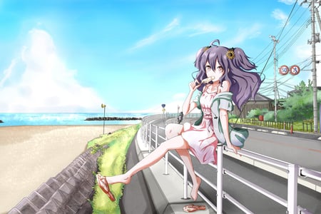 Cute Girl - popsicle, summer, dress, girl, road, sea, purple hair, sitting