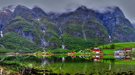 Beautiful Norway - reflections, beautiful, hazy, dark, nordfjord, green, hdr, mountains, shine